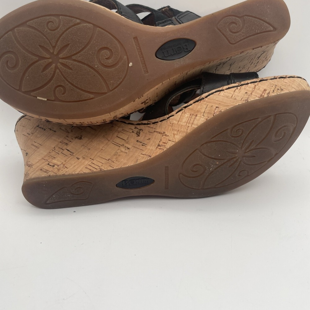 Born Women's Wedge Sandal Size 7/38 Cork Heel Platform Black Leather Strappy - Picture 8 of 9